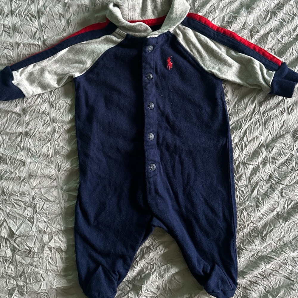 Ralph Lauren Navy and Gray Kids Footie with Red Accents